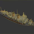 Vintage Warship Model With Red Gray Hull Two Orange Funnels And Deck Details