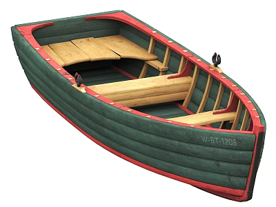 Vintage Wooden Boat with Green Hull Red Trim and Wooden Seats Interior Design 3d model
