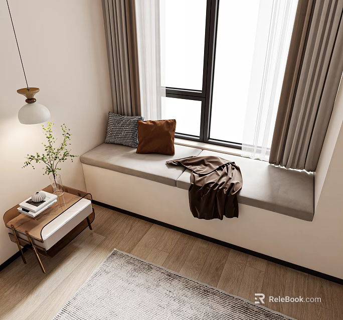 Cozy Bay Window Interior Design With Curtains Pillows Blanket Side Table And Plant 3d model 