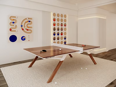 Stylish Indoor Sports Equipment Ping Pong Table With Wooden Legs And Decorative Wall Panels 3d model