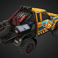 Yellow Modified Off Road Truck With Number 134 Roof Lights And Big Tires