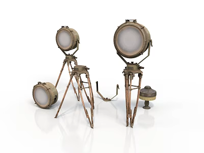 Vintage Industrial Metal Lamp Set With Three Tripod Stands And Round Shades 3d model