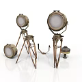 Vintage Industrial Metal Lamp Set With Three Tripod Stands And Round Shades