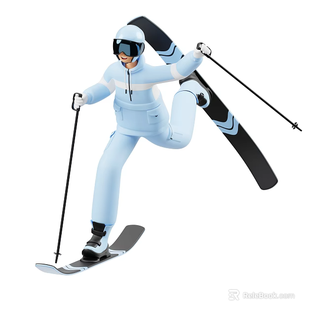 Man In Blue Ski Suit Skiing With Poles And Skis In Dynamic Action 3d model 