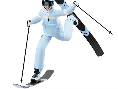 Man In Blue Ski Suit Skiing With Poles And Skis In Dynamic Action 3d model