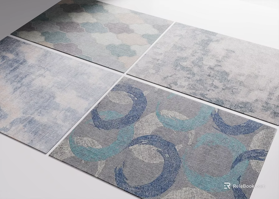 Square Rugs In Blue Gray Tones With Circular Patterns And Textured Design 3d model 