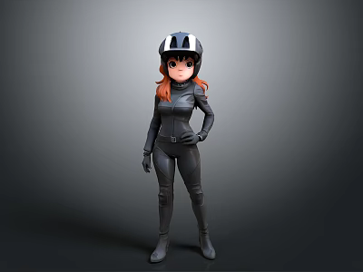 Cartoon Female Character In Black Bodysuit And Helmet Against Gray Background 3d model