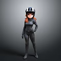 Cartoon Female Character In Black Bodysuit And Helmet Against Gray Background