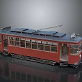Vintage Red Tram with Multiple Windows Open Doors and Overhead Tram Line