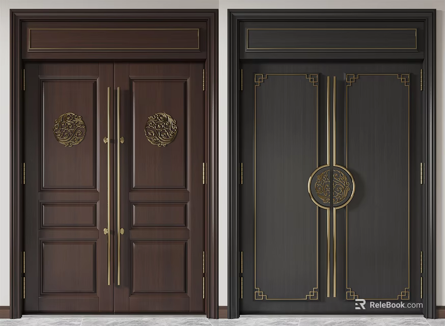 Elegant Traditional Double Doors With Dark Brown And Black Wooden Panels And Golden Circular Accents 3d model 