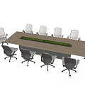 Modern Wooden Conference Table With Gray Rolling Office Chairs And Meeting Room Sign