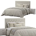 Modern Double Bed With Tufted Headboard Linen Bedding Geometric Pillows And Nightstand 3d model