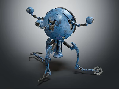 Sci Fi Blue Spherical Robot Creature With Mechanical Arms And Legs 3d model