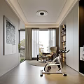Modern Entertainment Room Interior With Exercise Bike Brown Armchair And Green Plant