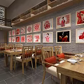 Chinese Style Restaurant Interior With Red Paper Cut Decor Gray Brick Walls And Wooden Tables
