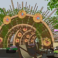 Rural Landscape with Archway Vines Circular Decorations Flower Beds Tables Chairs and Stone Path