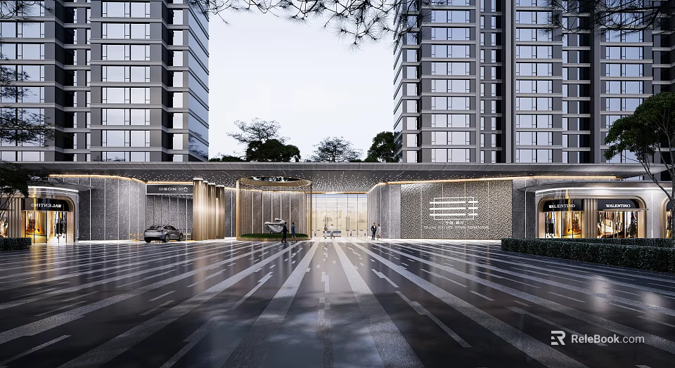 Modern High Rise Buildings Entrance With Paved Ground Trees Lighting And Car 3d model 