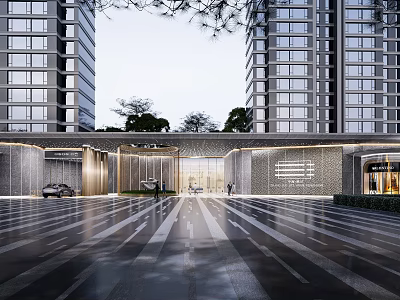 Modern High Rise Buildings Entrance With Paved Ground Trees Lighting And Car 3d model