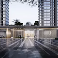 Modern High Rise Buildings Entrance With Paved Ground Trees Lighting And Car