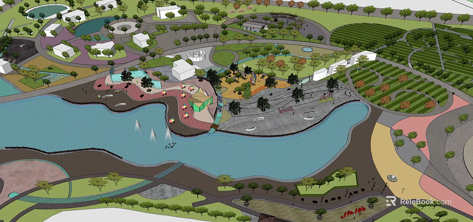 Scenic Urban Park Landscape With Central Lake Green Spaces And Walking Paths 3d model 