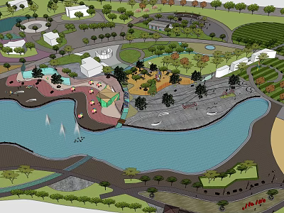 Scenic Urban Park Landscape With Central Lake Green Spaces And Walking Paths 3d model