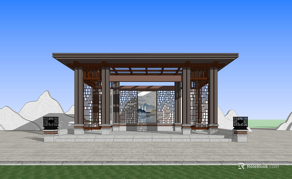 Classic Chinese-style Pavilion Featuring Lattice Windows Stone Steps And Green Mountain Backdrop 3d model 