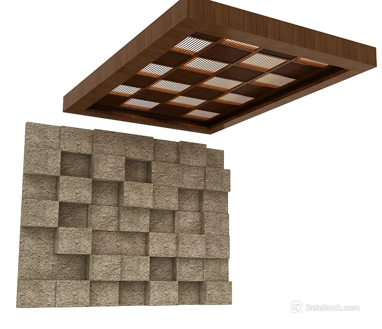Wooden Ceiling With Grid Pattern And Textured Stone Wall Design 3d model