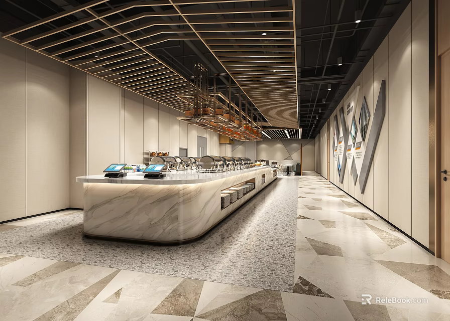 Modern Restaurant Interior With Marble Bar Ceiling Design And Geometric Floor Tiles 3d model