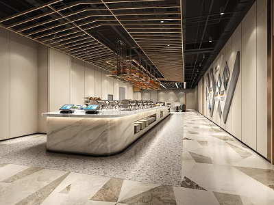 Modern Restaurant Interior With Marble Bar Ceiling Design And Geometric Floor Tiles 3d model