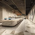 Modern Restaurant Interior With Marble Bar Ceiling Design And Geometric Floor Tiles
