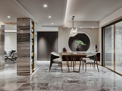Contemporary Dining And Living Room Interior With Marble Flooring Dining Table Chairs And Pendant Lighting 3d model