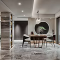Contemporary Dining And Living Room Interior With Marble Flooring Dining Table Chairs And Pendant Lighting