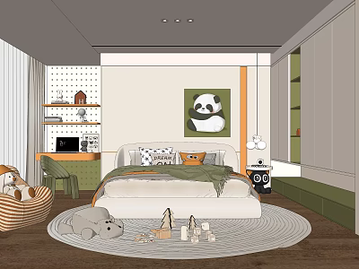 Kids Bedroom Interior With Panda Painting Bed Toys Desk And Cozy Rug 3d model
