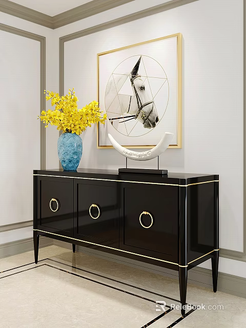 Modern Black Sideboard Cabinet With Golden Handles Blue Vase Yellow Flowers And Horse Artwork 3d model 
