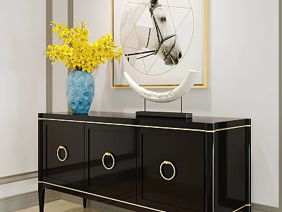 Modern Black Sideboard Cabinet With Golden Handles Blue Vase Yellow Flowers And Horse Artwork 3d model