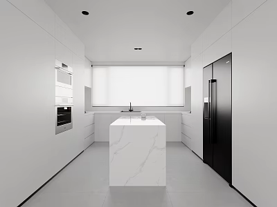 Modern Minimalist Kitchen Interior Features White Cabinets Marble Island Sink And Black Refrigerator 3d model