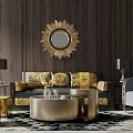 Luxurious Living Room Sofa Coffee Table Set With Golden Decorative Mirror And Patterned Cushions