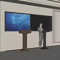 Professional Woman In Meeting Room With Podiums And Large Display Screen