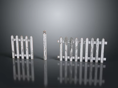 White Wooden Fence with Distressed Finish Two Sections and Single Post on Dark Reflective Surface 3d model