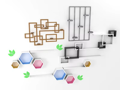 Modern Wall Mounted Storage Shelves With Geometric Shapes Colorful Panels And Decorative Leaves 3d model