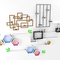 Modern Wall Mounted Storage Shelves With Geometric Shapes Colorful Panels And Decorative Leaves