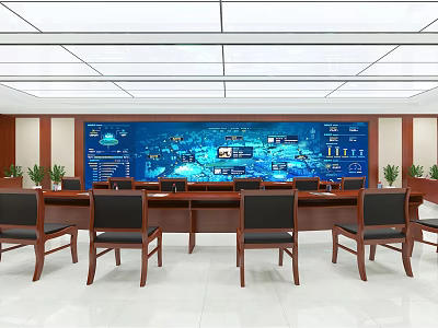 Modern Monitoring Room With Large Digital Data Screen And Conference Furniture Setup 3d model