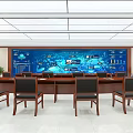 Modern Monitoring Room With Large Digital Data Screen And Conference Furniture Setup