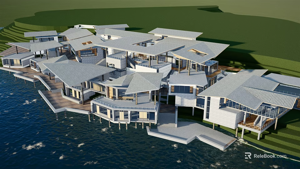 Modern Waterfront Guesthouse Buildings With Wooden Decks Overlooking Water And Green Lawn 3d model 