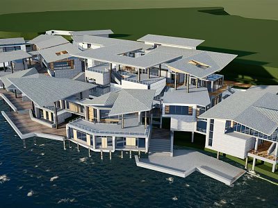 Modern Waterfront Guesthouse Buildings With Wooden Decks Overlooking Water And Green Lawn 3d model