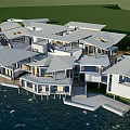 Modern Waterfront Guesthouse Buildings With Wooden Decks Overlooking Water And Green Lawn
