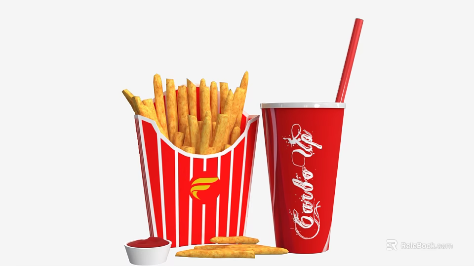 Crispy French Fries in Red Striped Box with Coca Cola Cup and Ketchup 3d model 