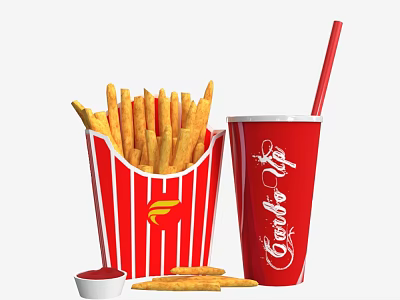 Crispy French Fries in Red Striped Box with Coca Cola Cup and Ketchup 3d model