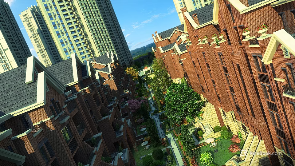 Residential Landscape Featuring Red Brick Townhouses High-Rise Buildings Green Trees Pathways and Courtyards 3d model 