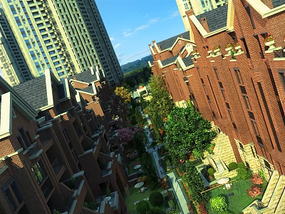 Residential Landscape Featuring Red Brick Townhouses High-Rise Buildings Green Trees Pathways and Courtyards 3d model